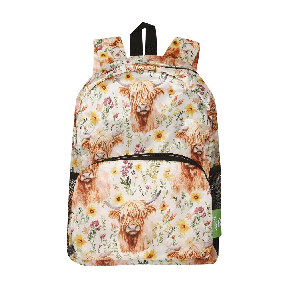 chic mini backpack Eco Chic Lightweight Foldable Mini Backpack Floral Highland Cow